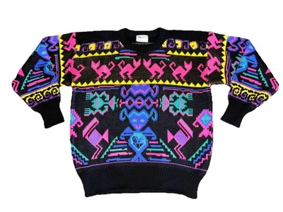 Suéter De Colección Meister 30% Lana Colorido Estampado Geométrico con Gatos Rosados - Unisex Talla M Foto 1 de 4