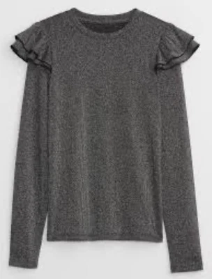 GAP 女式黑色 Lurex 金属罗纹长袖荷叶边上衣全新 S 码 — 第 1/4 张图片