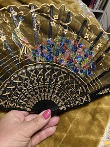 Asian Style Folding Fan Embroidered Peacock Japanese Decor, Plastic - Picture 1 of 10