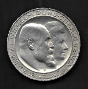 1911F GERMANY WUERTTEMBERG 3 MARK WEDDING ANNIVERSARY SILVER COIN KM#636 - Picture 1 of 2