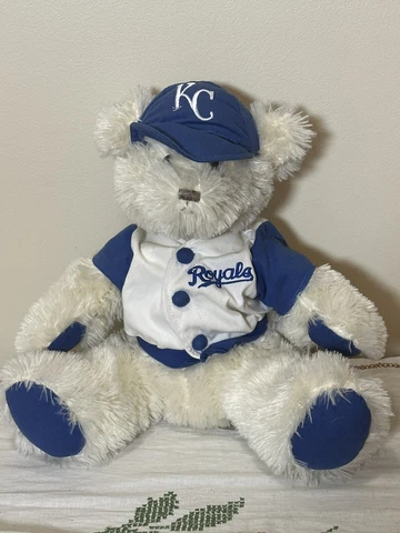 KC Royals White Fluffy Bear In Uniform With Hat - Stuffed MLB Bear Fan Blue Feet Cover