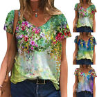 Damen Floral V-Neck T-Shirt Tunic Summer Casual Short Sleeve Blouse Tee ^Tops