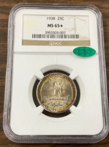 1938 Washington Quarter - NGC MS65* - CAC - Rainbow Toning - Picture 1 of 5