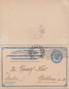 USA 19O6 REPLY POSTAL CARD ST. LOUIS TO GABLONZ AUSTRIA 2 CENTS - Picture 1 of 2