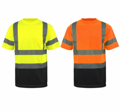 Camiseta de trabajo de seguridad cintas reflectantes Hi Vis ANSI clase 3 parte inferior delantera negra  Foto 1 de 4