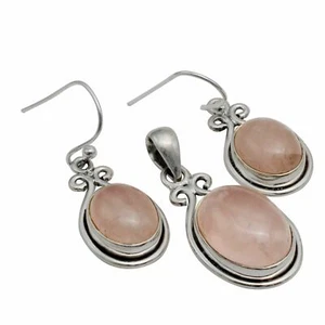 Rose Quartz Solid 925 Sterling Silver Pendant + Earrings Set Jewelry ST-078 - Picture 1 of 1