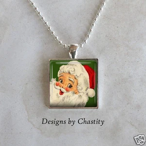 Vintage Jolly Santa Claus Necklace Christmas Holiday Glass Art Charm Pendant - Picture 1 of 2