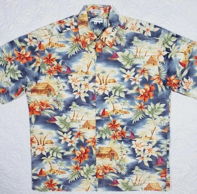 Vtg Pierre Cardin Shirt Men XLT Hawaiian Floral TikiHut Palm Cotton Short Sleeve - Image 1 of 4