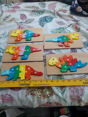 Set of 5 Wood Dinosaur Toddler Number Puzzles 3-5 Montessori Lead-Free Non-Toxic - Image 1 of 4