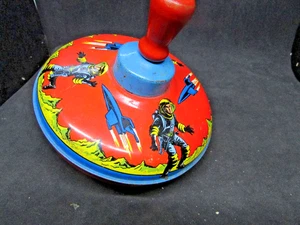 Vintage Tin Toy Spinning Top with Wood Handle - Space Astronaut Rocket Ship - Picture 1 of 9