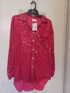 JESS LEA~ ATTENTION SEEKER SEQUIN BUTTON UP PINK~ SIZE Small NWT~ VERY PRETTY - Picture 1 of 4