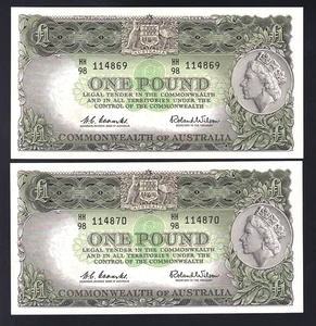 R-34.. (1961) 1 Pound. Coombs/Wilson.. Reserve Bank.. aU-UNC - CONSECUTIVE Pair - Picture 1 of 2