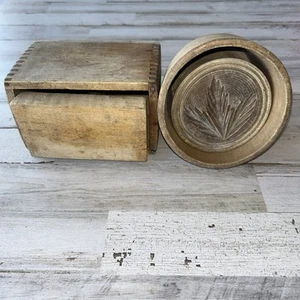 2 Antique Primitive Hand Carved Wooden Butter Mold Press Leaf Design - Picture 1 of 17