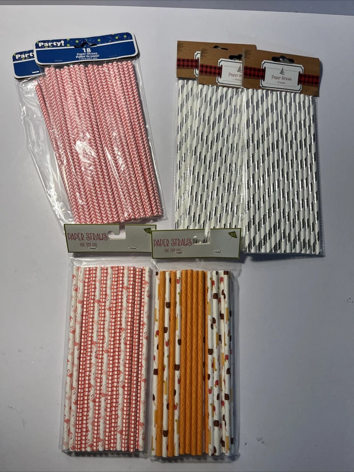 Nuevo en Paquete ~ Lote de 131 Pajitas de Papel ~ Otoño ~ Flamencos ~ Tira Plateada y Chevron Rojo Foto 1 de 4