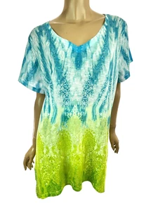 Time & Tru Pullover Top Size 2X Short Sleeve Blue White Green w Crystal Studs - Picture 1 of 7