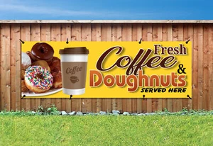 FRISCHER KAFFEE UND DONUTS PVC bedrucktes BANNER AUSSENSCHILD PVC mit Ösen - Bild 1 von 2
