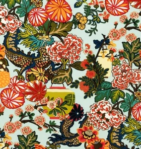 Schumacher Curtain/Uph Fabric 'CHIANG MAI DRAGON VELVET - AQUAMARINE' 2 METRES - Picture 1 of 9