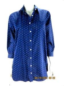 LANDS' END SZ 14 100% Cotton Navy Blue & Dots NO IRON Buttoned Shirt Top Blouse - Picture 1 of 15