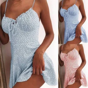 Sexy Womens Boho Floral Mini Dress Summer Strappy Holiday Beach Swing Sundress - Picture 1 of 17