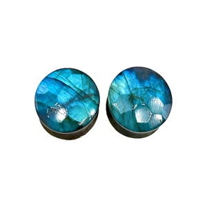 Rare Blue Labradorite Handcraft Ear Piercing Hexagon Cut Plugs Pair Size 8g-25MM - Picture 1 of 11