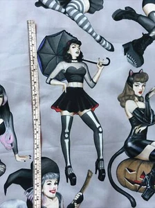 Alexander Henry Fabric Gorgeously Goth Gray 1 Yard Halloween Witch Cat Woman Emo - Picture 1 of 12