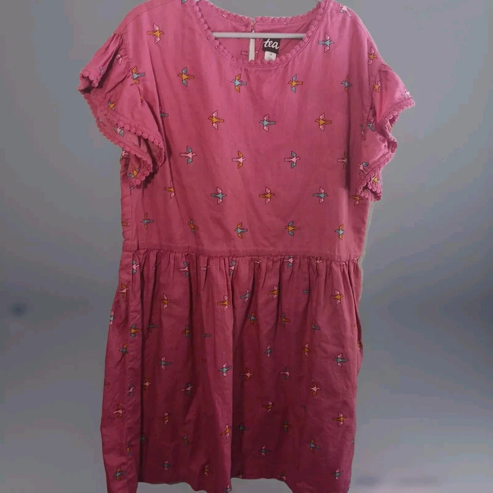 Tea Collection Girls Size 12 Deep Pink Birds Ruffled Sleeve Dress Cotton - Image 1 of 4