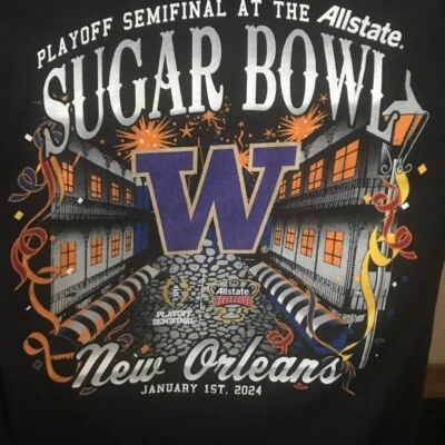 2024 NCAA Sugar Bowl Washington Huskies Black Two Sided Short Sleeve Shirt L - Image 1 of 4
