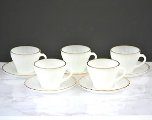 Anchor Hocking Fire King Golden Shell Cup and Saucer White Milk Glass Set of 5 - Picture 1 of 9