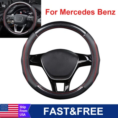 For Mercedes 15" Carbon Fiber Leather Car Steering Wheel Cover w/ Inner Ring - Image 1 of 4