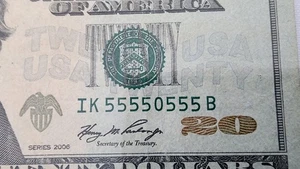 Seven of a Kind 5s Binary Fancy Serial Number Twenty Dollar Bill IK55550555B $20 - Picture 1 of 3
