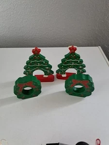 Vtg Green Wooden Decorated Christmas Tree/Wreath Shaped Napkin Rings Lot of 4 - Picture 1 of 3