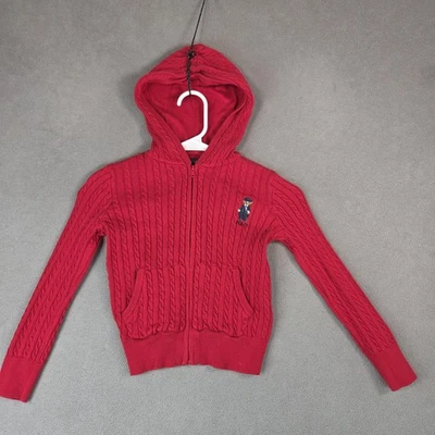 Polo Ralph Lauren Sweater Boys 6 Red Polo Bear Cable Knit Full Zip Hoodie Kids - Image 1 of 4