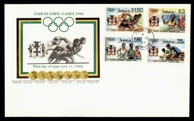 DR WHO 1984 JAMAICA FDC OLÍMPICOS DEPORTES CACHET COMBO $3 M55643 Foto 1 de 2