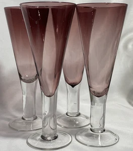 Set 4 mundgeblasene Amethyst geriffelte Pilsgläser dicker klarer Stiel Bargeschirr - Bild 1 von 13