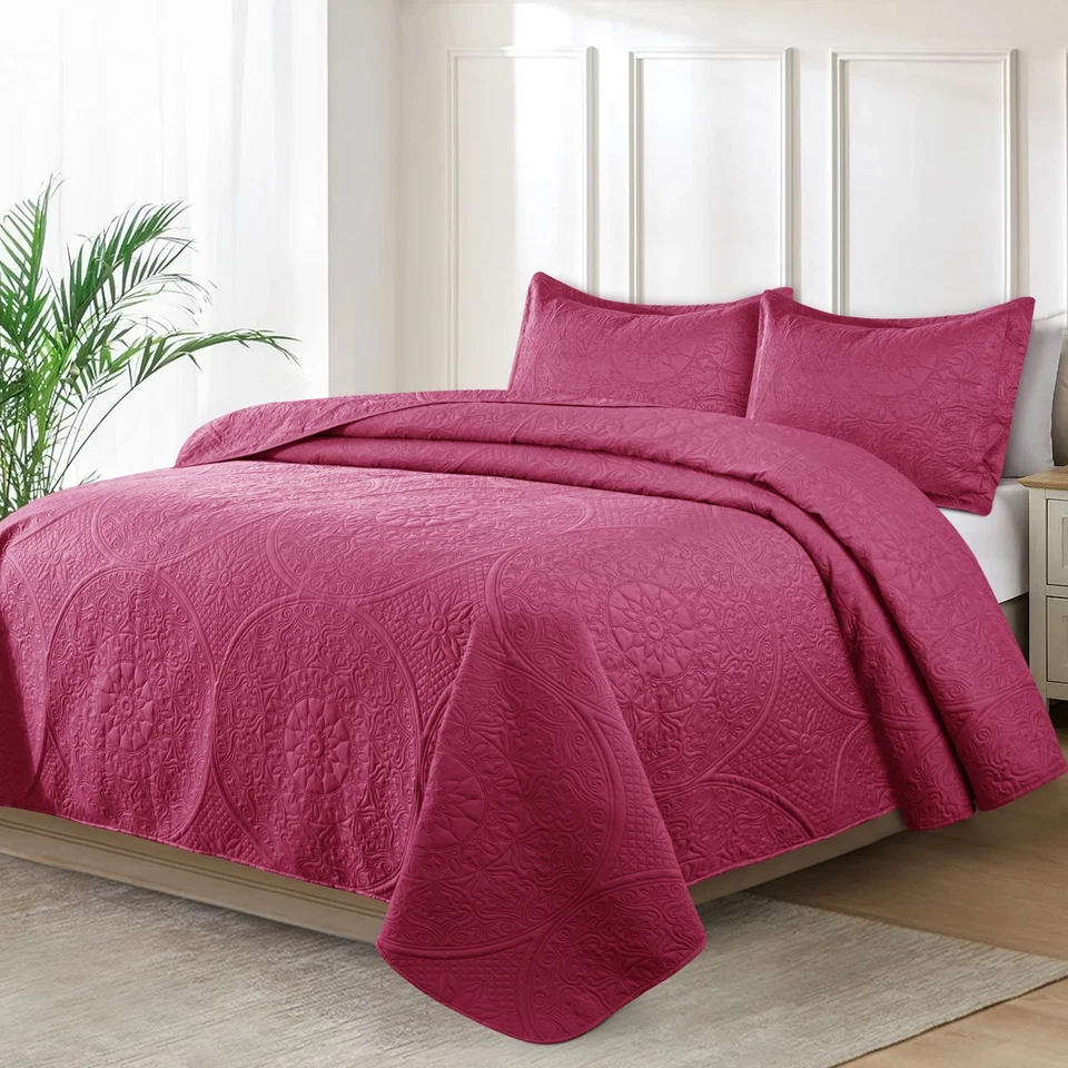 3 Piece Embossed Quilted Bedspread Set Twin Queen King Size Coverlet Bed Throws - Image 1 of 1