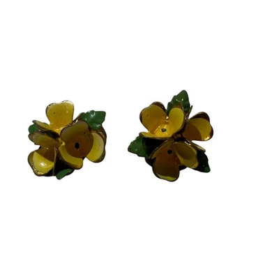 Pendientes Vintage Esmalte Flor Amarillo Verde Floral Tono Dorado Joyería Foto 1 de 4
