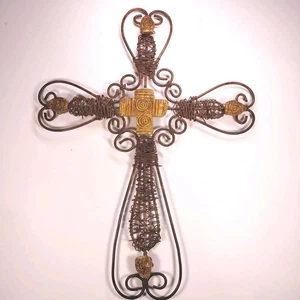 14 Zoll rustikales drahtumwickeltes Schnörkelkreuz mit Fliesenakzenten Wandbehang Kruzifix - Bild 1 von 8