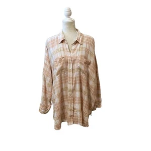 American Eagle Größe Small kariertes geknöpftes Hemd pfirsichfarben und cremefarben Oversize neu mit Etikett - Bild 1 von 11