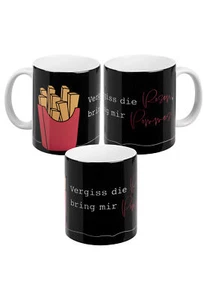 Karma Tasse - Vergiss die Rosen, bring mir Pommes Kaffeetasse Weiß Schwarz 320ml - Bild 1 von 5