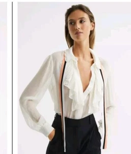 REISS Dilon Ruffle Ivory Cream Stripe Front Blouse Size 8 RRP £158 - Picture 1 of 8