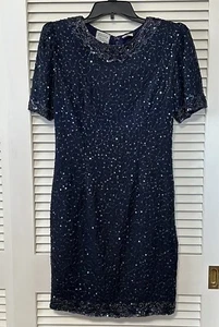 Stenay Vintage Blue Aurora Borealis Beaded Sequin Silk Cocktail Dress Size 6 - Picture 1 of 5