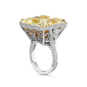 41.20CT Huge Canary Yellow Asscher Cut Citrine & White Diamonds Royal Halo Ring - Picture 1 of 6