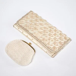 Weiß Creme Perlen Pailletten Satin Abend Vintage Clutch Tasche Geldbörse Lot 1950er - Bild 1 von 8