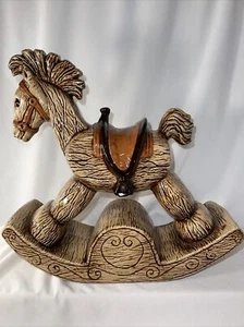 Caballo mecedor cerámica marrón estatuilla pony niños decoración del hogar guardería 11" x 11" - Imagen 1 de 8