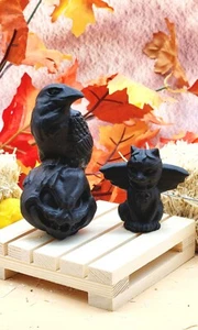 Mystical Unpolished Black Obsidian Set: Raven on Jack-o-Lantern & Witch Cat - Picture 1 of 14