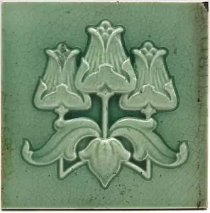 Victorian Fireplace Tile Green Glaze Triple Tulips High Relief C1890 AE2 - Picture 1 of 3