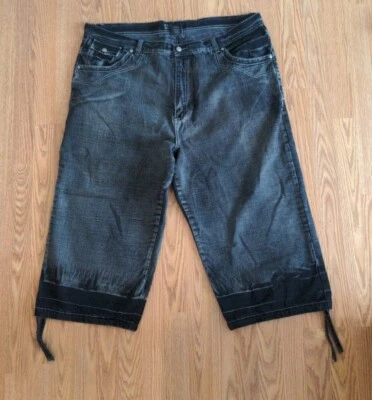 Dtek Mens Hip Hop Jean Shorts Size 44  Washed Black Wide Straight Leg Tassels  - Image 1 of 4