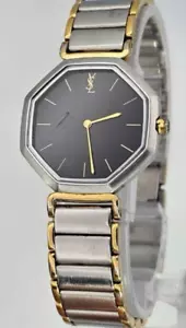 Yves Saint Laurent YSL Quartz Watch Navy Dial Silver Gold Octagon Gold Vintage - Picture 1 of 4