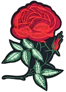 RED ROSE FLOWER WITH GREEN LEAVES ON STEM EMBROIDERED IRON ON PATCH - Picture 1 of 2