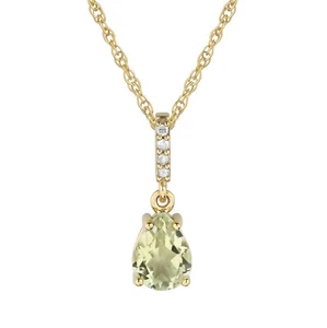 10k Yellow Gold Genuine Pear-Shape Green Amethyst & Diamond Tear-drop Necklace - Picture 1 of 5
